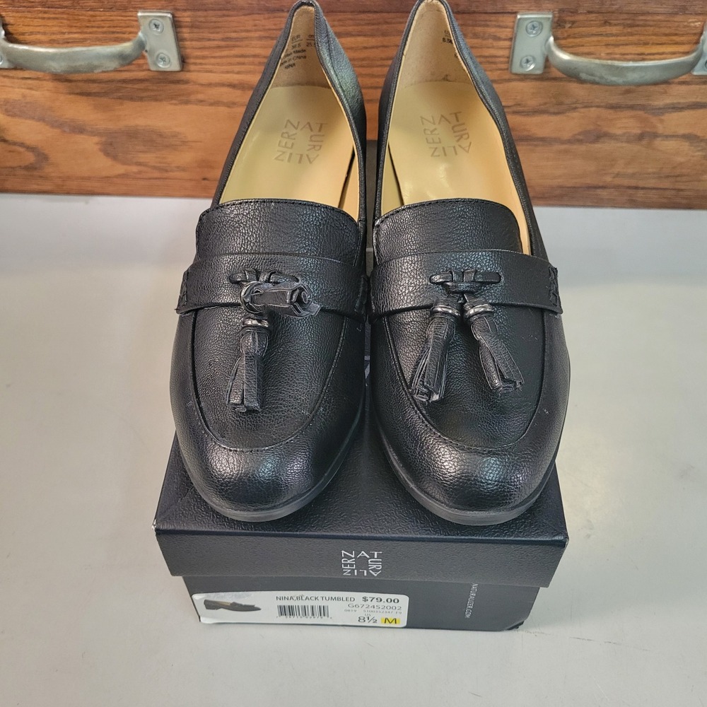 Naturalizer Nina Black Tumbled Leather Tassel Block Heel Loafers G6724S2002 8.5M